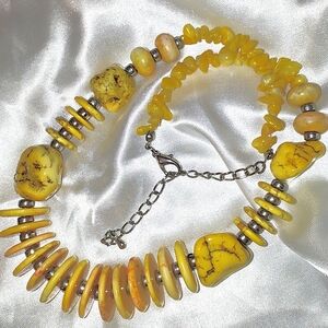 Vintage Bold Chunky Dyed Yellow Stone Necklace. Silvertone Spacers And Hardware